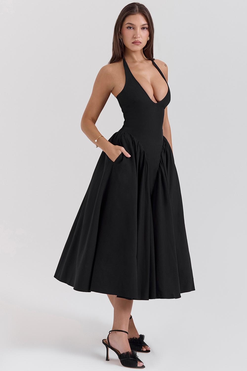 Marilyn  black twill halter midi dress Product Image