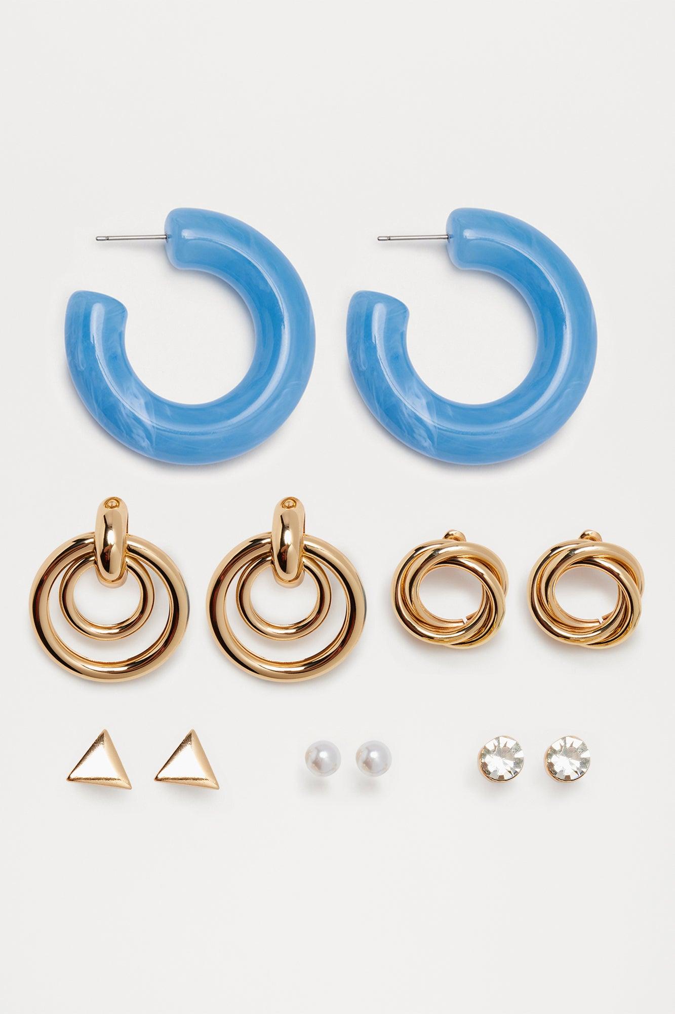 Across The Pond 6 Pair Multi Earring Set - Gold/Blue Female Product Image