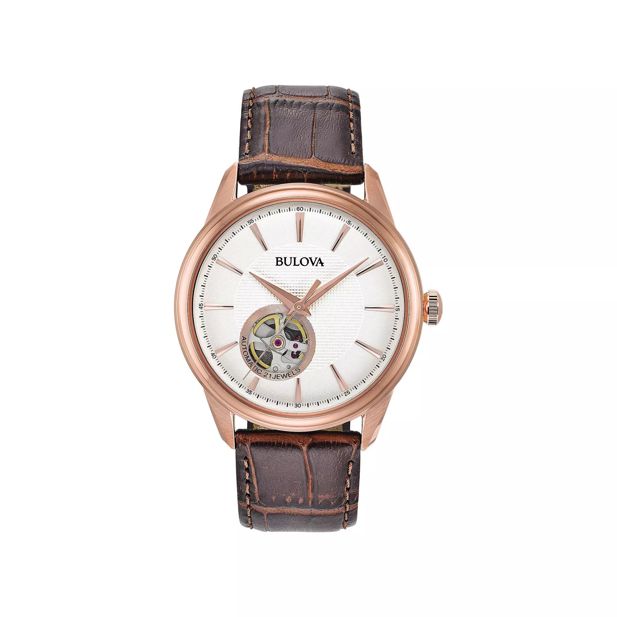 Bulova Mens Rose Gold Tone Stainless Steel Open Aperture Leather Strap Automatic Watch - 97A133 Brown Product Image