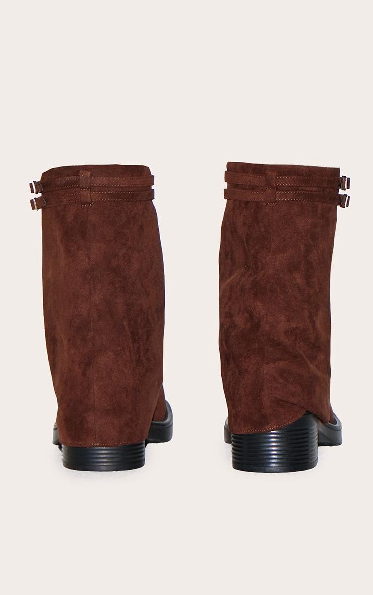 Chocolate Faux Suede Round Toe Fold Over Buckle Strap Ankle Boots Product Image