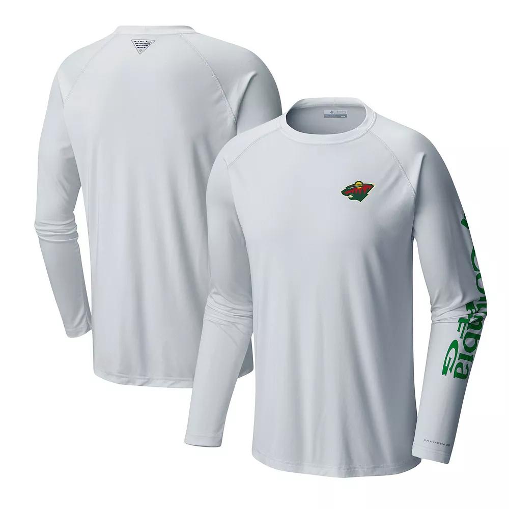 Men's Columbia White Minnesota Wild Terminal Tackle Omni-Shade Raglan Long Sleeve T-Shirt,  Product Image