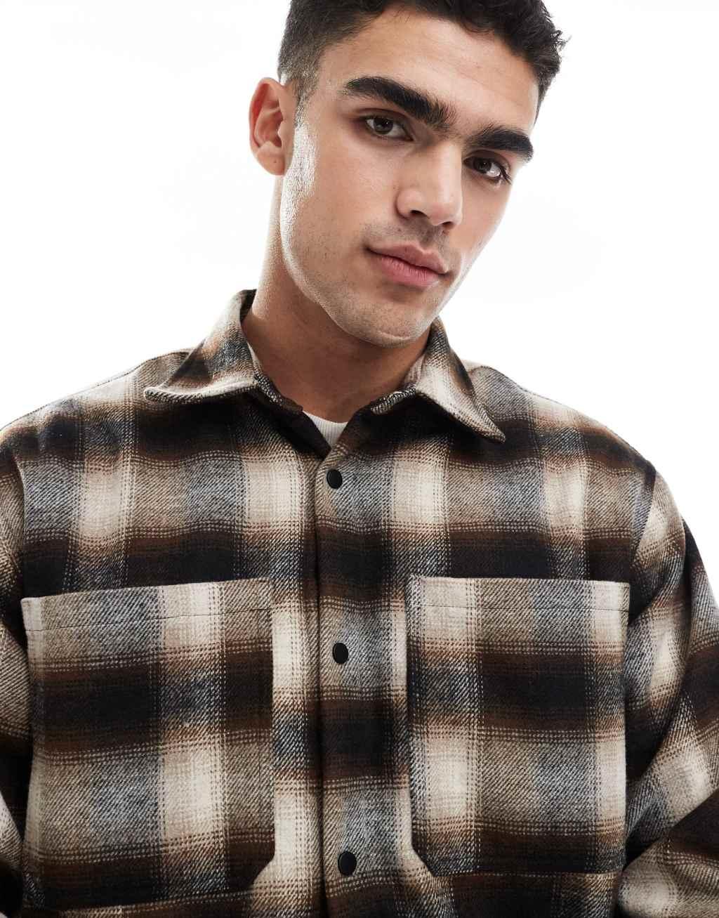 Bershka plaid washed shirt in brown Product Image