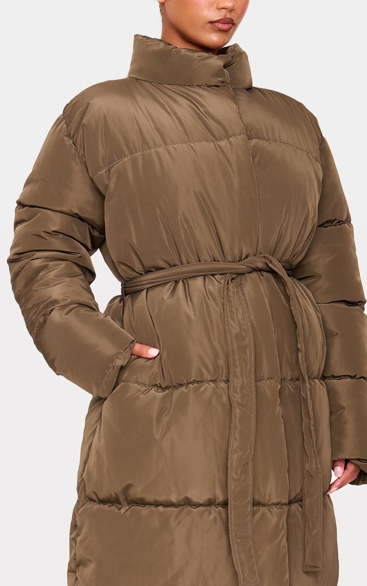Khaki Quilted Longline Tie Waist Puffer Coat Product Image