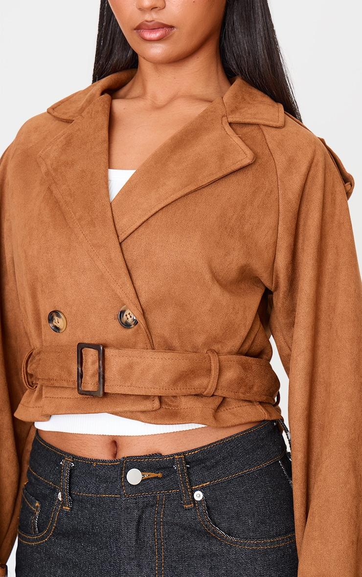 Tan Cropped Faux Suede Belted Trench Coat Product Image