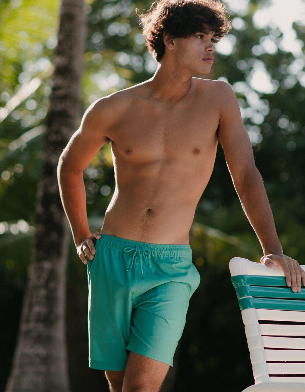 BLUE CROWN Beachy Hibiscus Color Changing Mens 7" Swim Shorts - TEAL GREEN Product Image