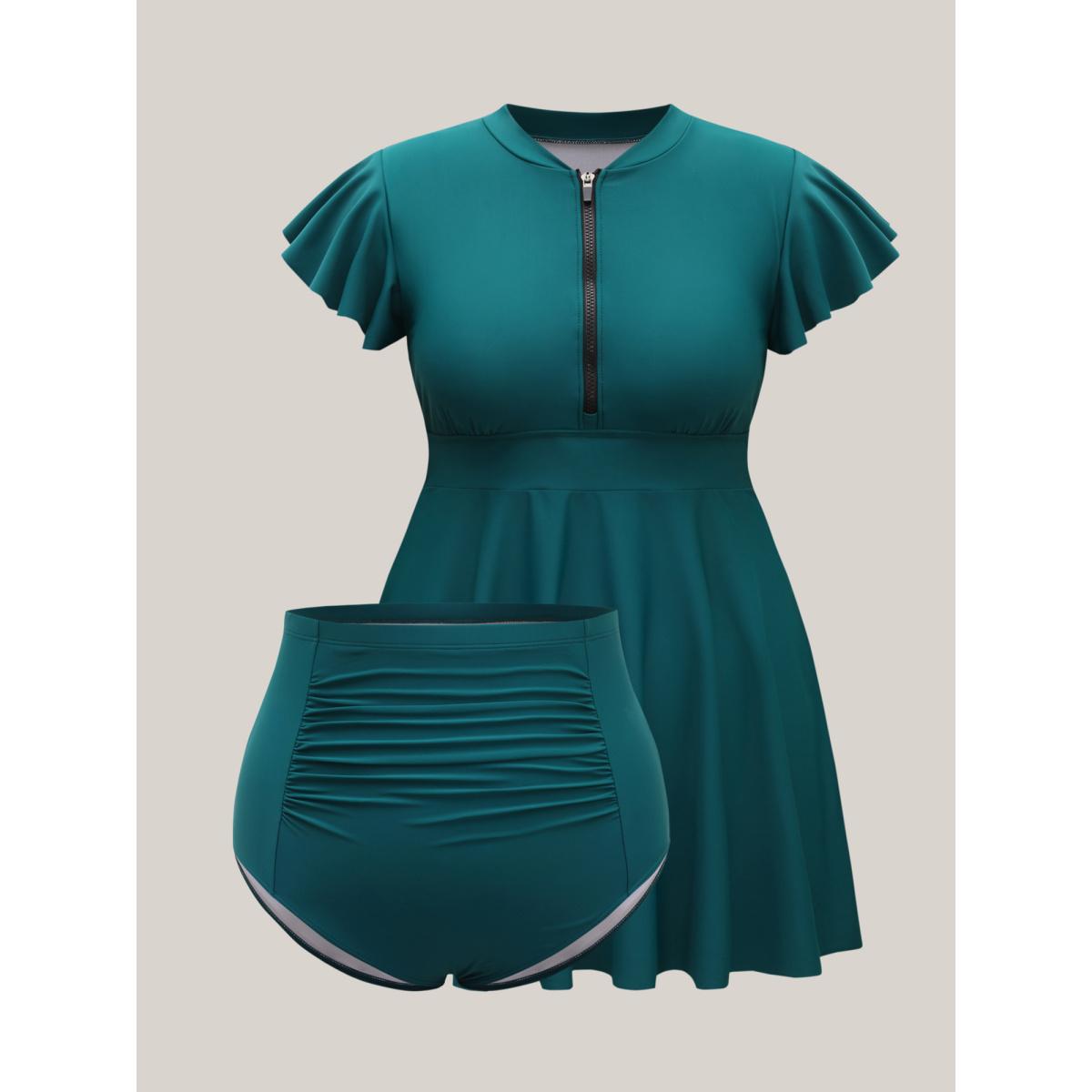 Plus Size Ruffled Zipper Flutter Sleeve Swim Dress Women's Swimwear Emerald Beach Bodycon Round Neck High stretch Curve Swim Dresses BloomChic 26/4X Product Image