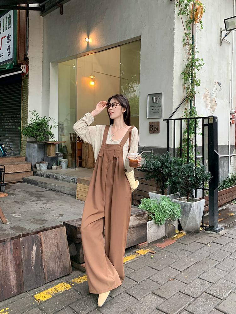 Long-Sleeve Round Neck Plain T-Shirt / Wide Leg Jumpsuit Product Image