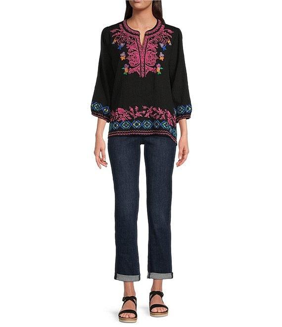 Calessa Embroidered Split V-Neck Long Sleeve Tunic Product Image