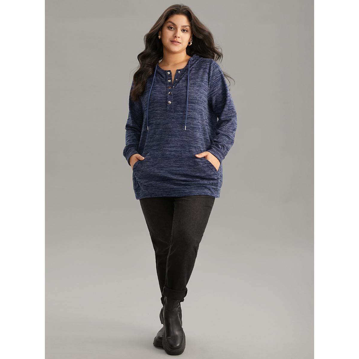 Plus Size Heather Hooded Button Up Pocket Sweatshirt Women Indigo Casual Plain Hooded Dailywear Sweatshirts BloomChic 14-16/1X Product Image