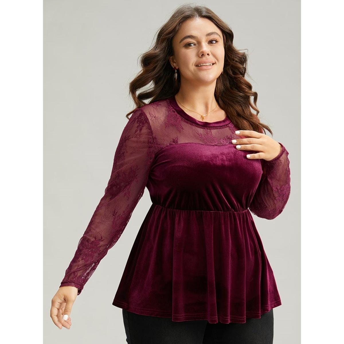 Plus Size Burgundy Velvet Patchwork Mesh Guipure Lace Gathered Blouse Women Elegant Long Sleeve Round Neck Festival-Christmas Blouses BloomChic 28/5X Product Image