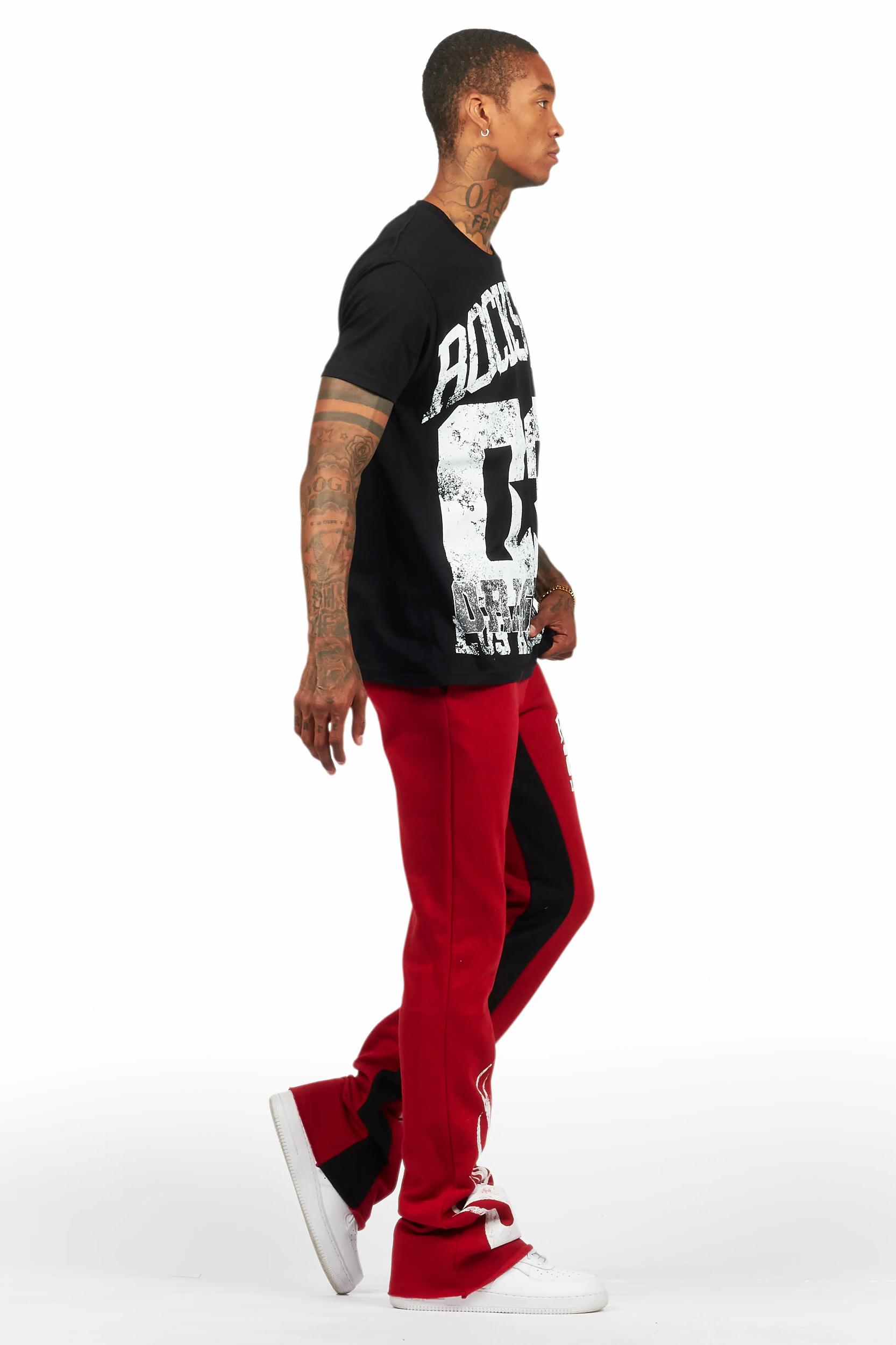 Edel Black/Burgundy T-Shirt/Stacked Baggy Track Pant Set Male Product Image
