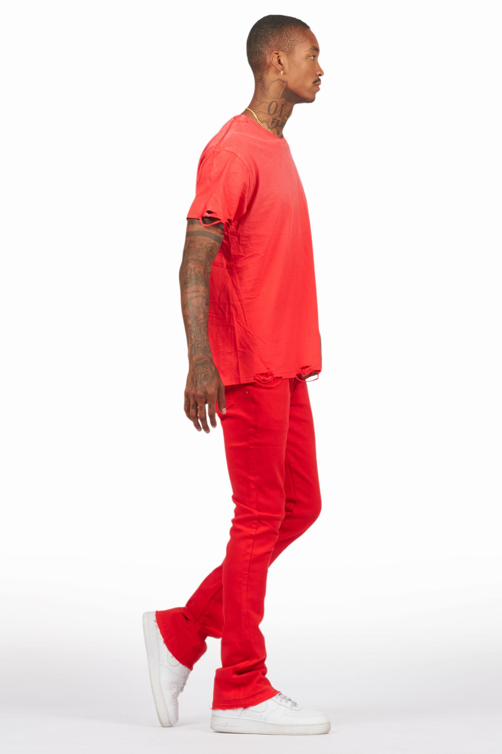Drako Red/White Oversized Graphic T-Shirt/Dag Stacked Flare Jean Set Male Product Image