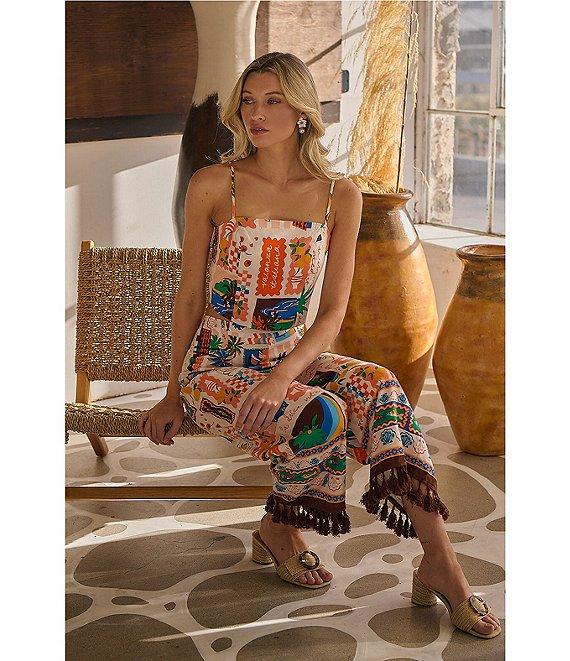 Sugarlips Coordinating Postcard Print Linen Blend Square Neck Sleeveless Top Product Image