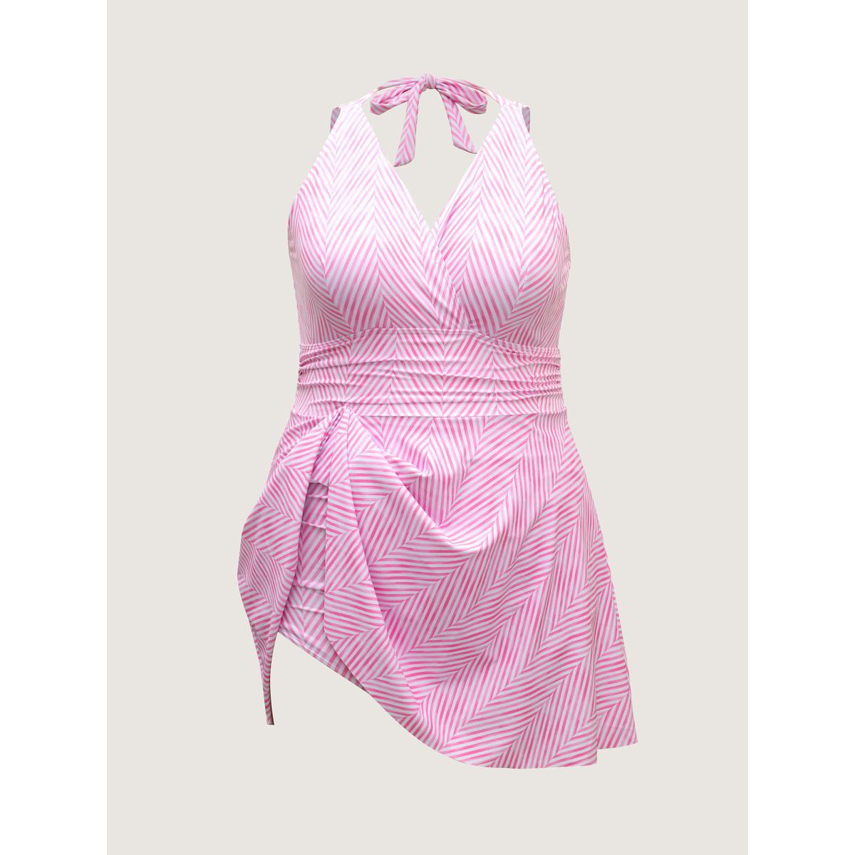 Plus Size Anti-Float Ties Stripes Swim Dress Women's Swimwear Beanpastepowder Resort Bodycon Overlap Collar High stretch Curve Swim Dresses BloomChic 18-20/2X Product Image