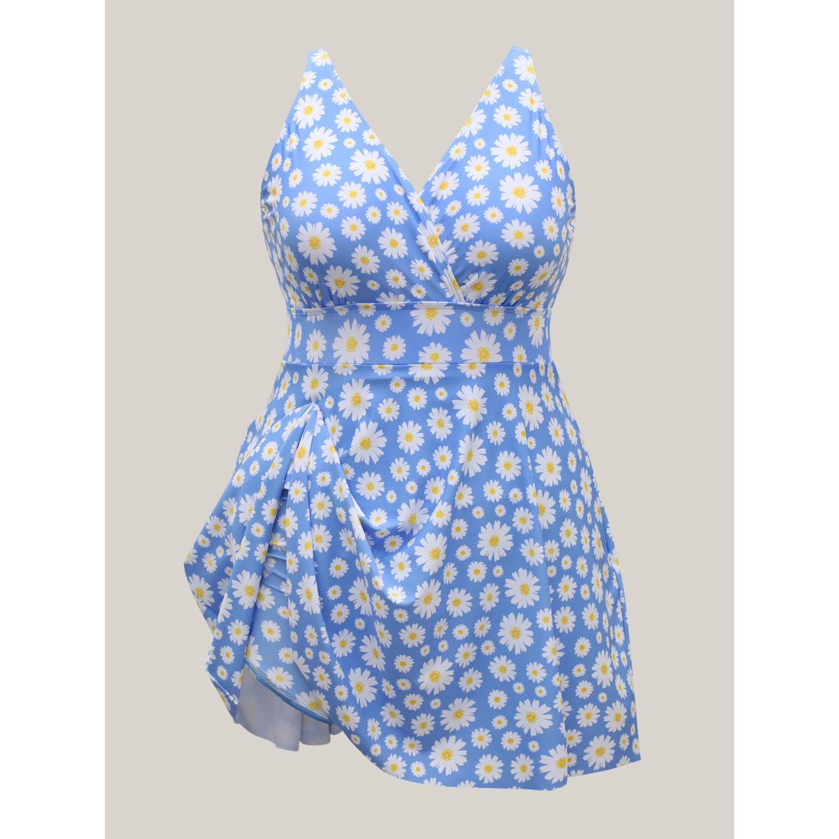 Plus Size Anti-Float Ties Floral Print Swim Dress Women's Swimwear LightBlue Beach Bodycon Overlap Collar High stretch Curve Swim Dresses BloomChic 10/M Product Image