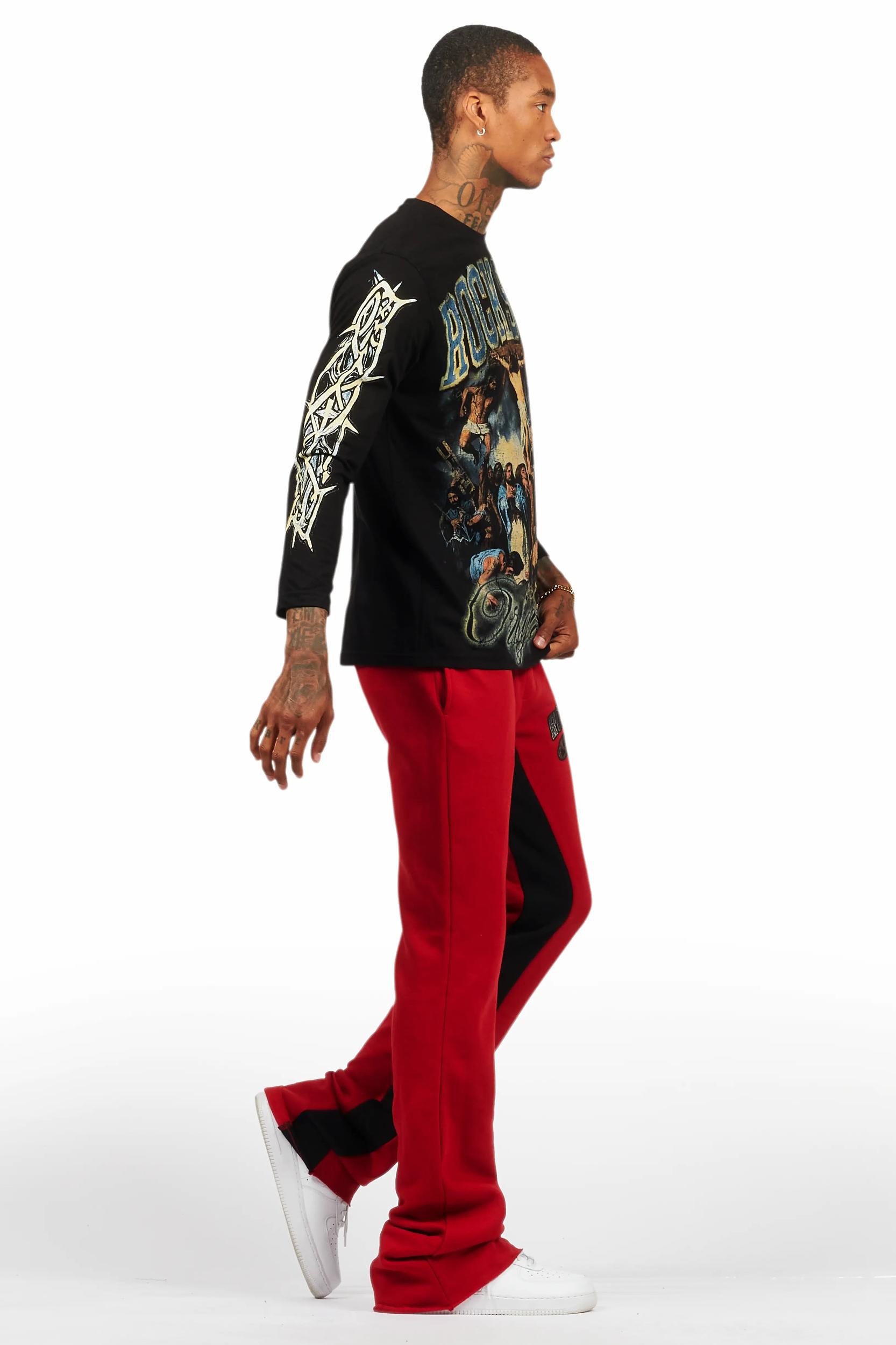 Waller Black/Burgundy Long Sleeve T-Shirt/Baggy Pant Set Male Product Image