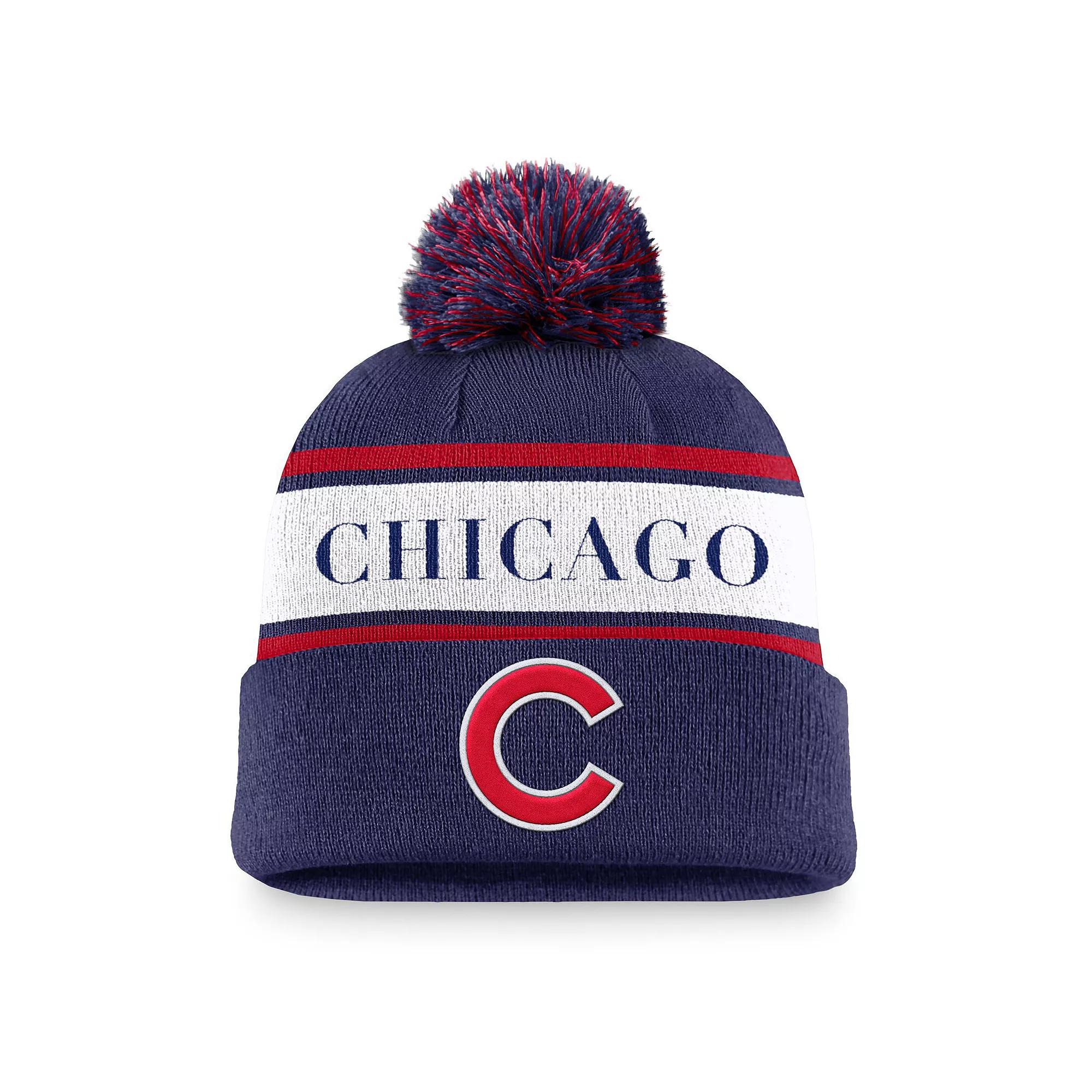 Men's Nike Royal Chicago Cubs Team Stripe Peak Cuffed Knit Hat with Pom, Blue Product Image