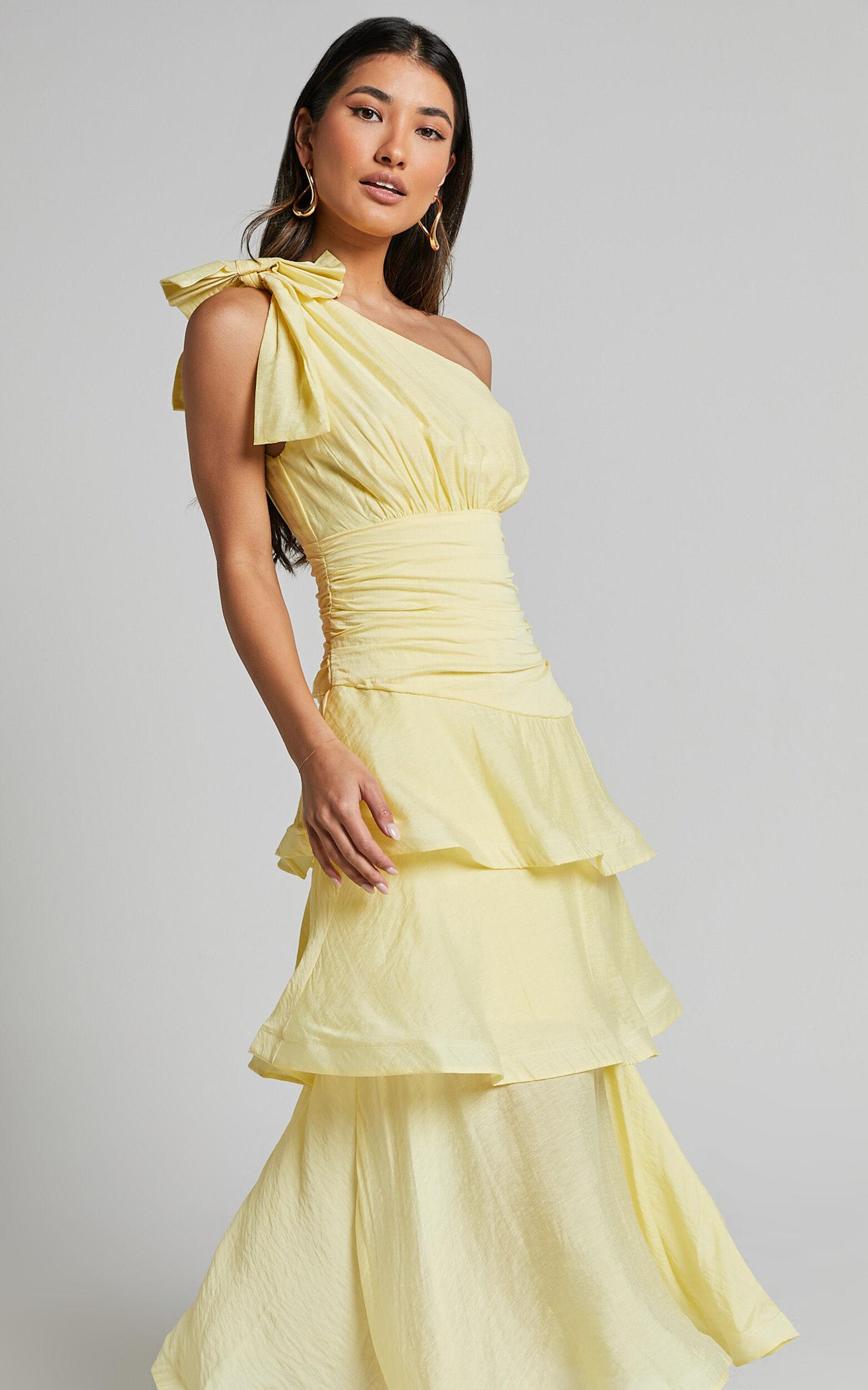 Eugenia Midi Dress - One Shoulder Fit and Flare Layered Dress in Yellow Product Image