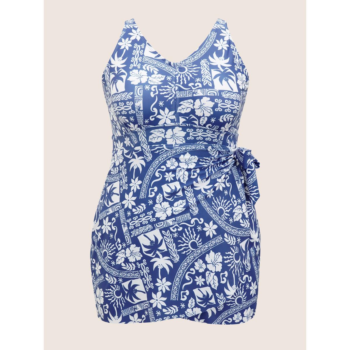 Plus Size Tropical Print Gathered Tie Knot Swim Dress Women's Swimwear Cerulean Beach Bodycon V-neck High stretch Curve Swim Dresses BloomChic 14-16/1X Product Image
