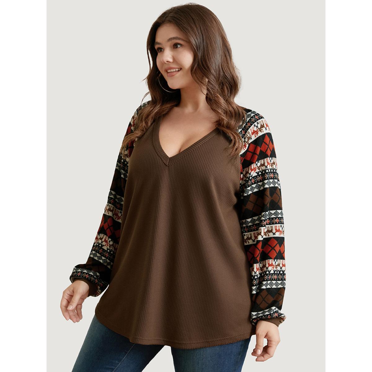 Plus Size Elk Geometric Patchwork Waffle Knit Sweatshirt Women DarkBrown Elegant Contrast V-neck Dailywear Sweatshirts BloomChic 14-16/1X Product Image