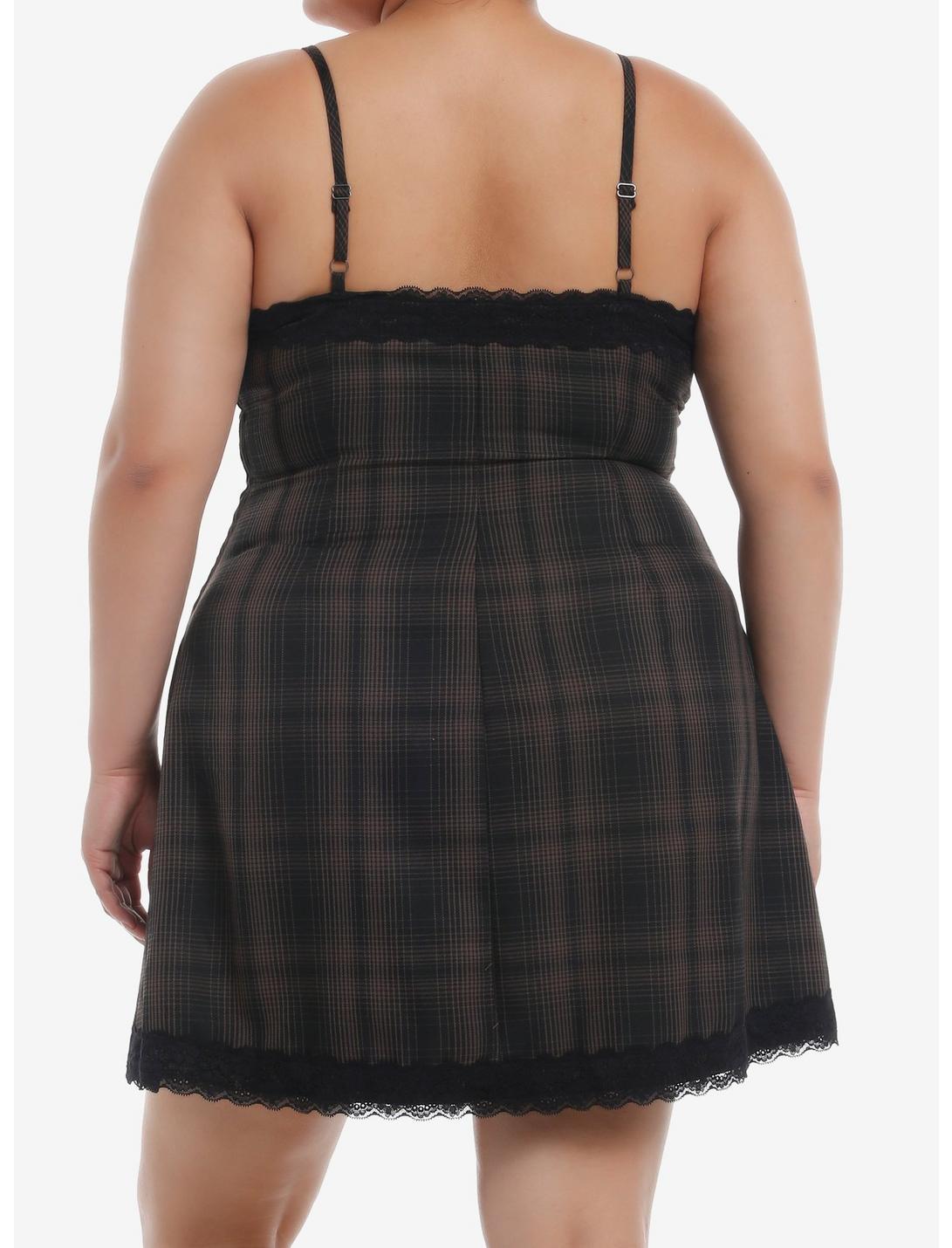 Brown Plaid Lace Slit Slip Dress Product Image
