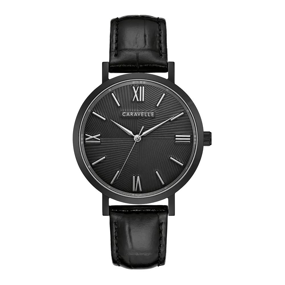 Caravelle by Bulova Men's Black Stainless Steel Leather Strap Watch - 45A148, Size: Large Product Image