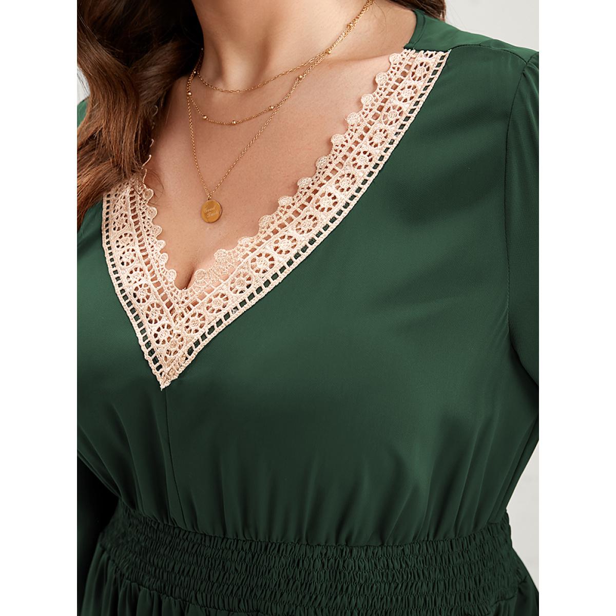 Plus Size Solid Lantern Sleeve Shirred Pocket Lace Trim Ruffle Hem Dress Green Women Elegant Patchwork V-neck Long Sleeve Curvy Midi Dress BloomChic 10/M Product Image