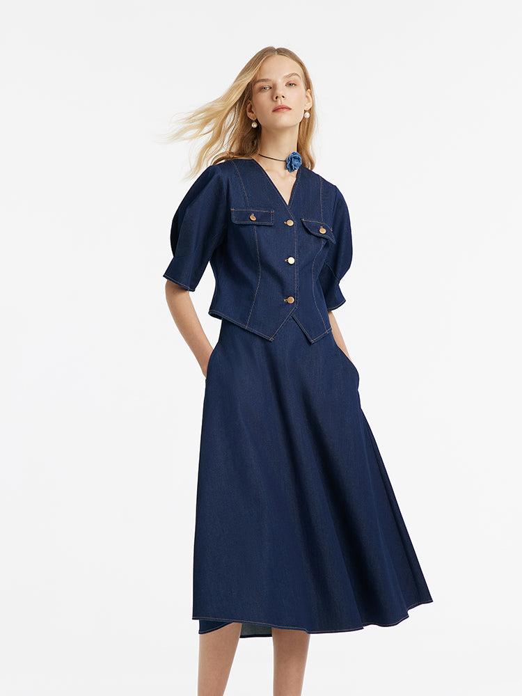 Denim V-Neck Top And Half Skirt Two-Piece Set Product Image