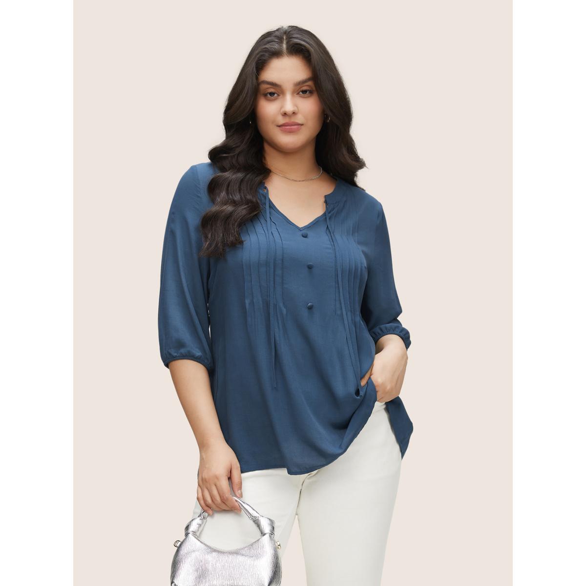 Plus Size Stone Plain Pleated Knot Neck Lantern Sleeve Blouse Women Casual Elbow-length sleeve Notched collar Everyday Blouses BloomChic 12/L Product Image