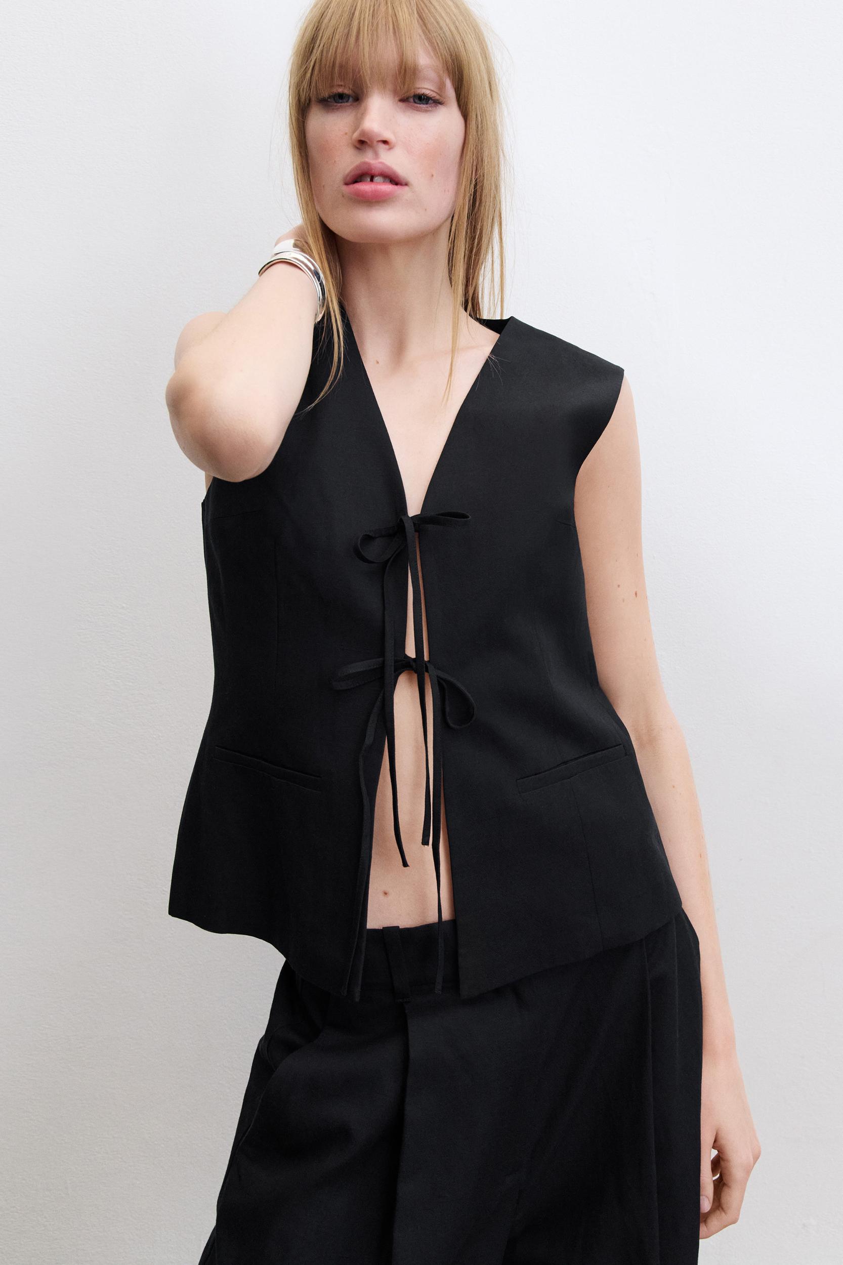 LINEN-BLEND TIE-FRONT VEST Product Image