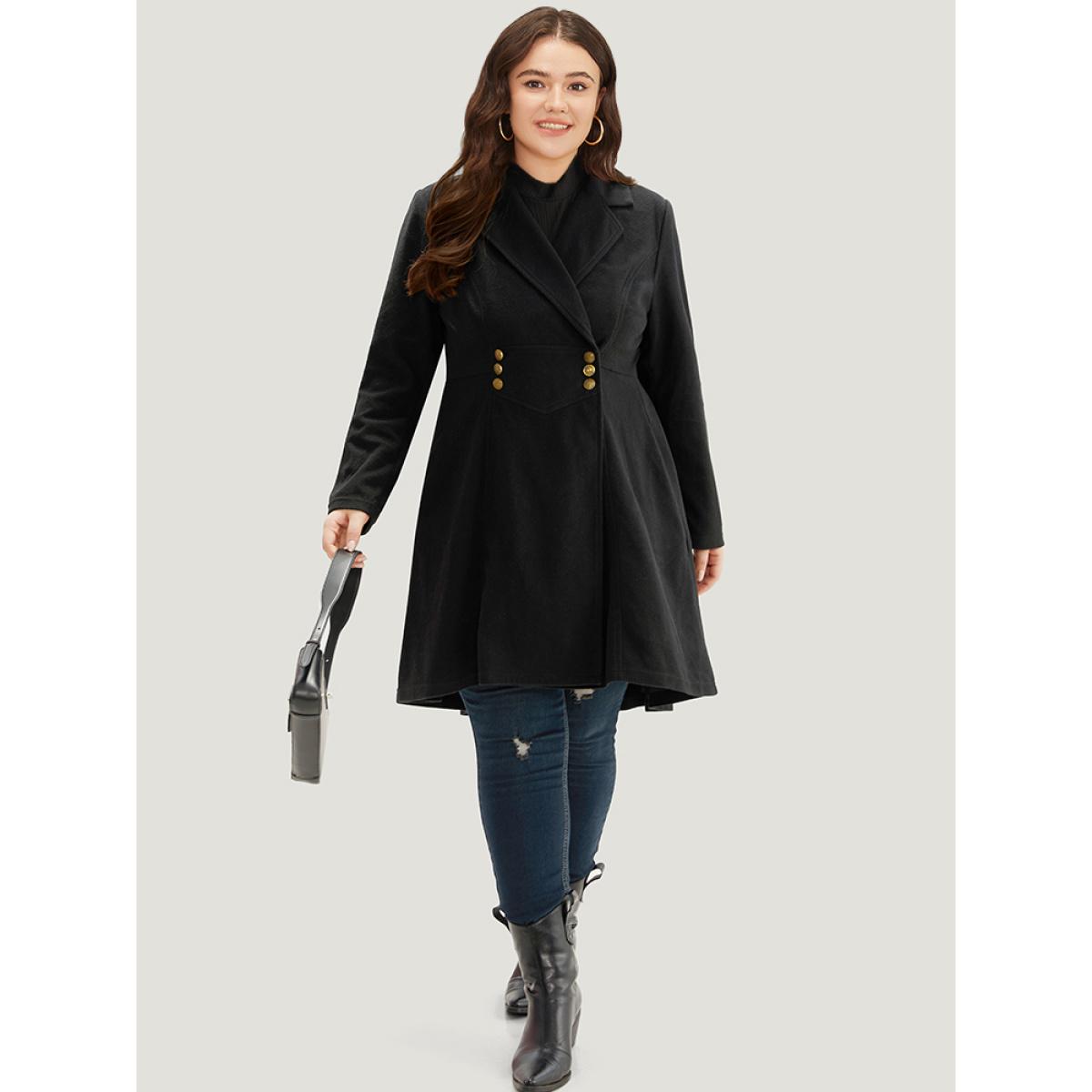 Plus Size Solid Lapel Collar Double Breasted Coat Women Black Office Plain Ladies Office Winter Coats BloomChic 12/L Product Image
