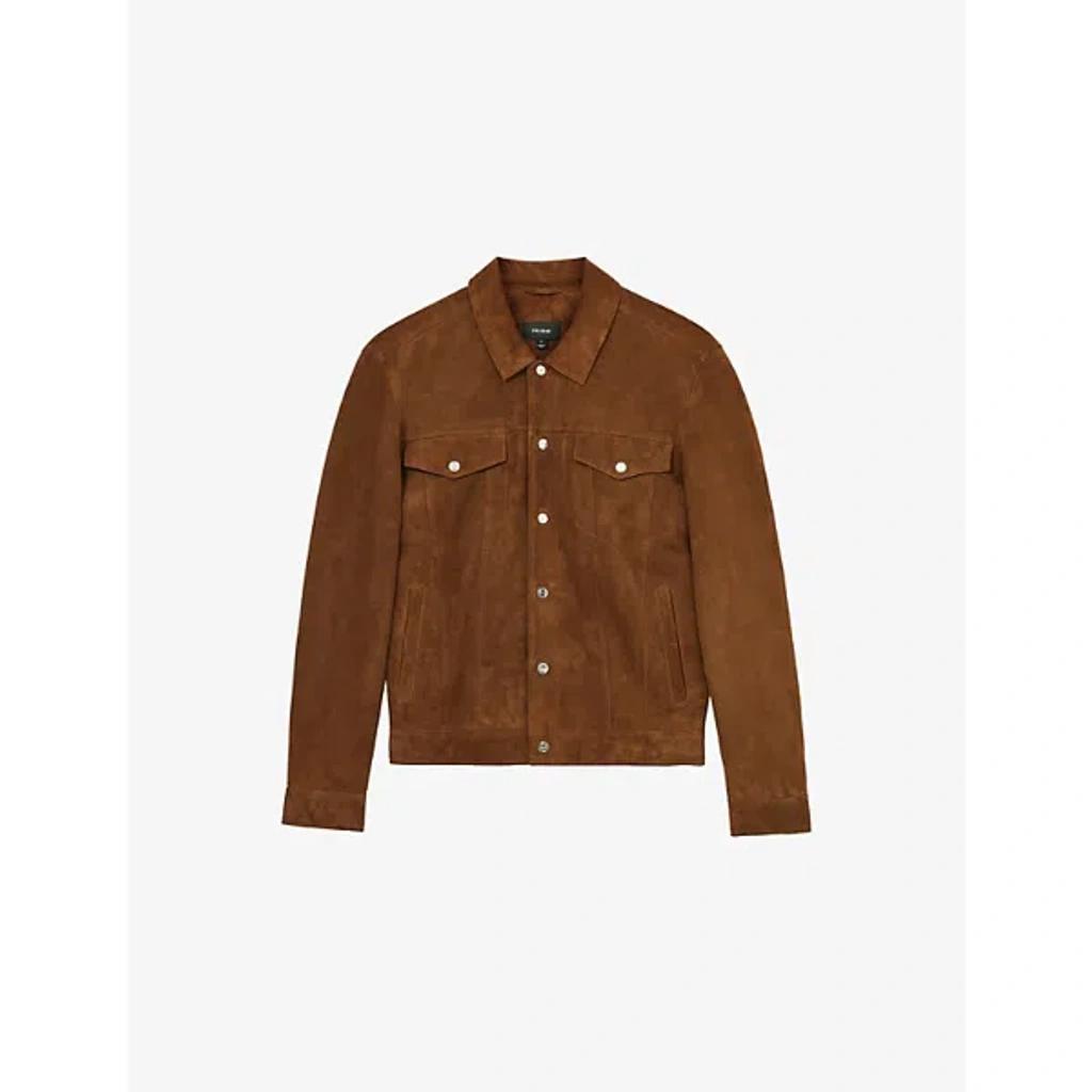 REISS Edington Suede Press Stud Trucket Jacket In Brown Product Image