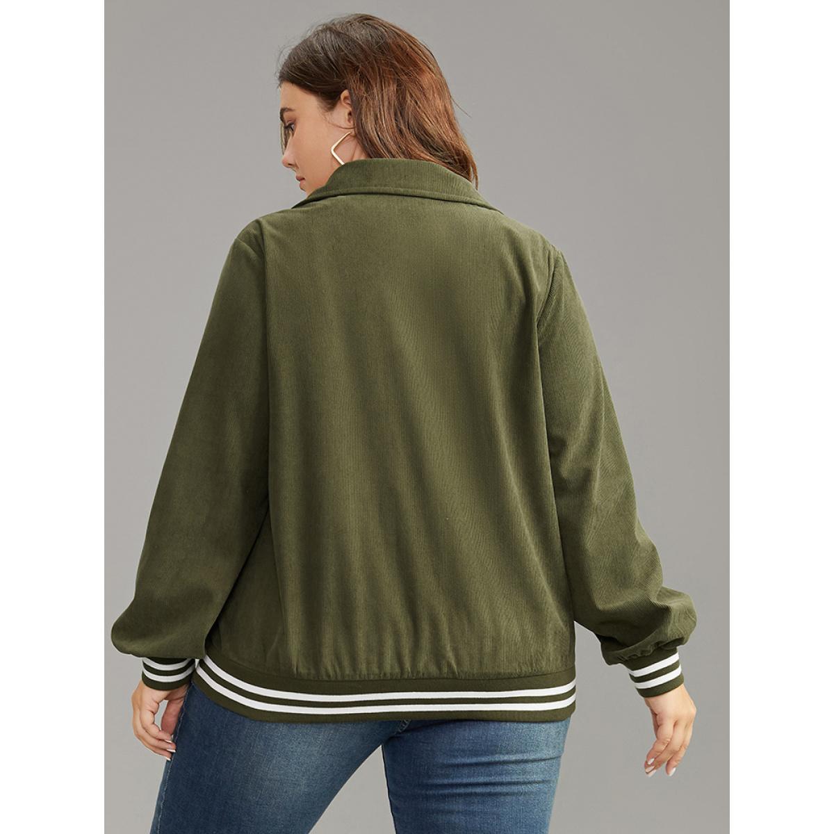 Plus Size Corduroy Striped Trim Button Up Jacket Women ArmyGreen Elastic cuffs Pocket Dailywear Jackets BloomChic 14-16/1X Product Image