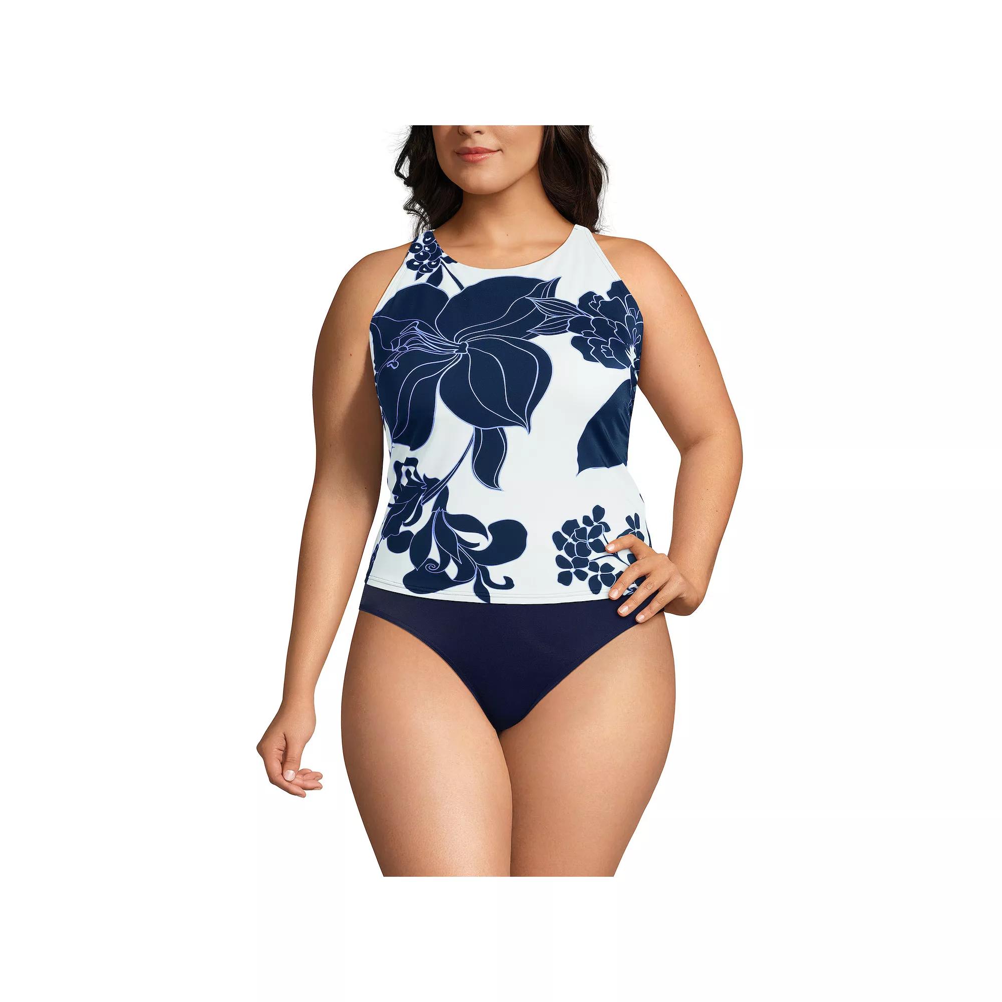 Plus Size Lands' End DD-Cup Tugless High Neck Strappy Back Tankini Swimsuit Top, Women's, Size: 20W Dd, White Navy Lilies Product Image