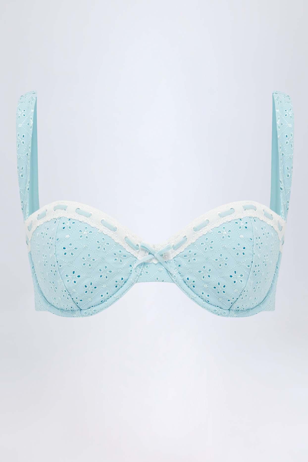 Broderie Anglaise Underwired Balconette Bikini Top in Powder Blue Product Image