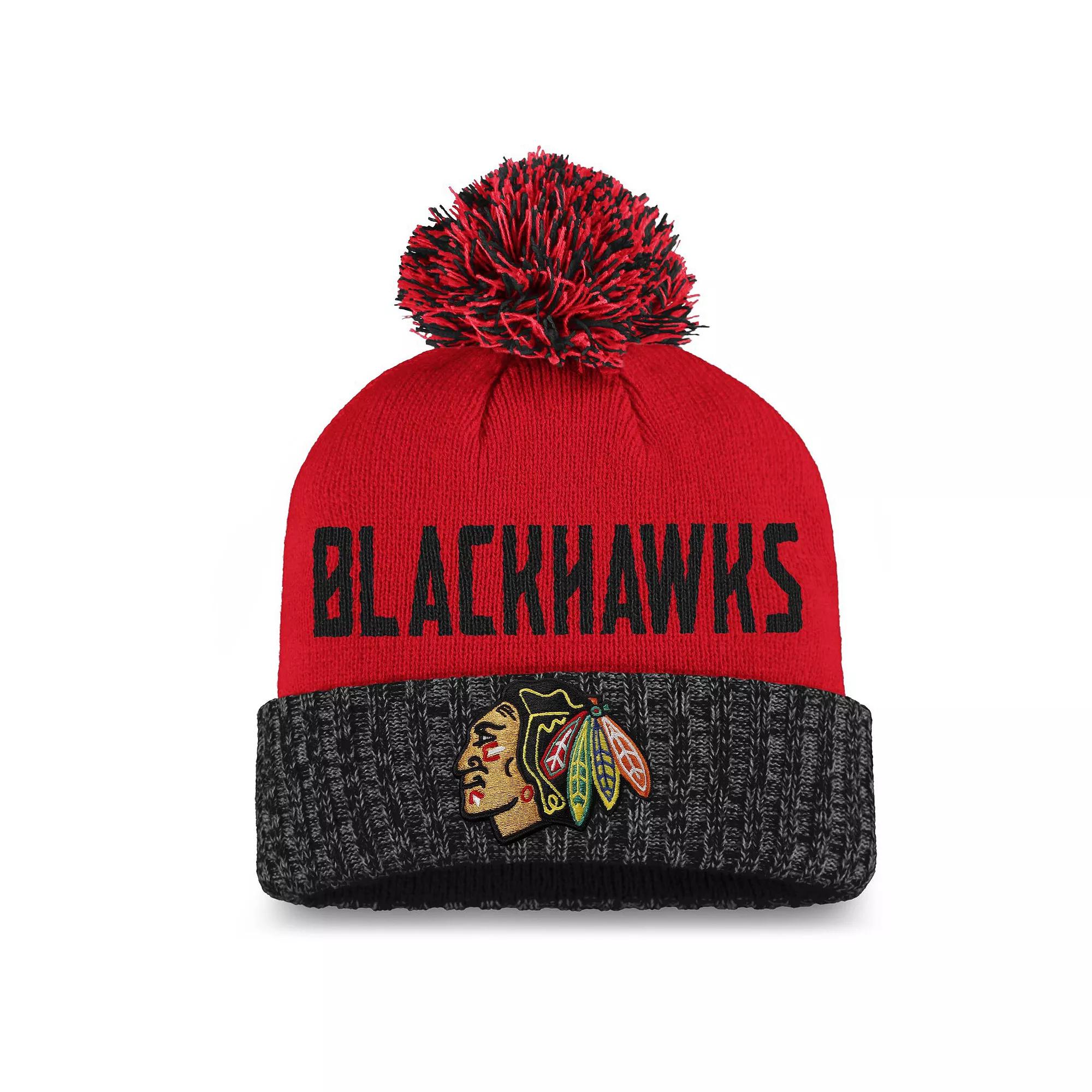Women's Fanatics Branded Red/Black Chicago Blackhawks Iconic Cuffed Knit Hat with Pom Product Image