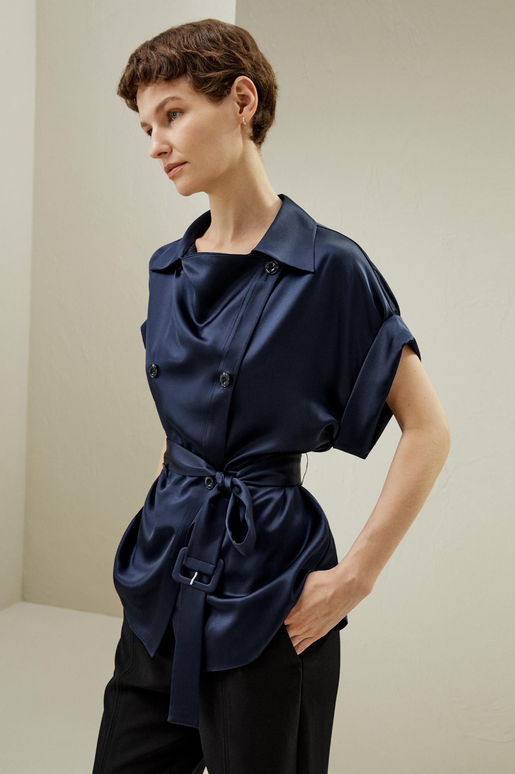 LILYSILK Silk Trench Jacket for Women Navy Blue Natural Silk Luxurious Roll-Up Trench Coat L Product Image