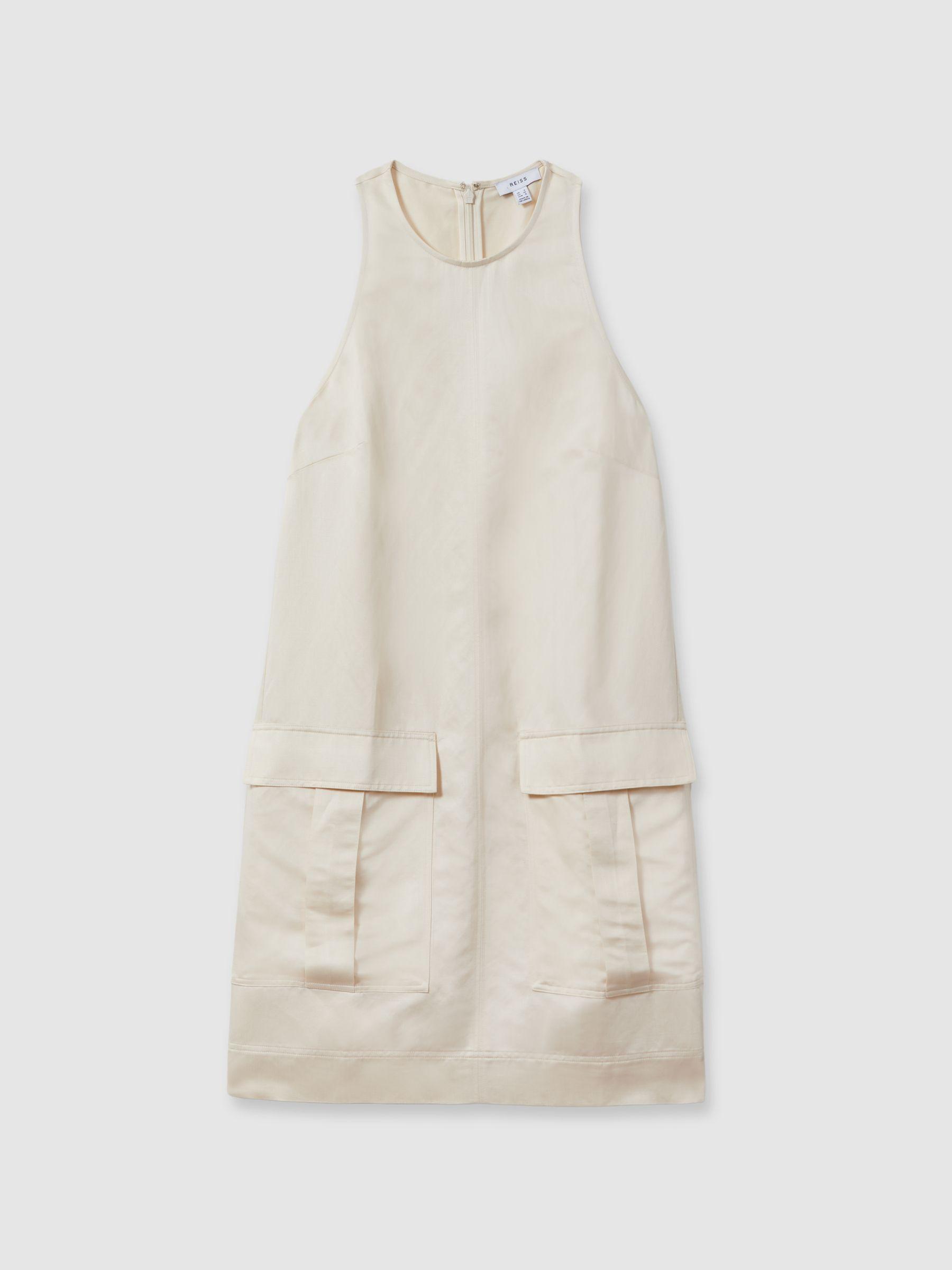 Viscose-Linen Cargo Pocket Tunic Dress in Beige Product Image