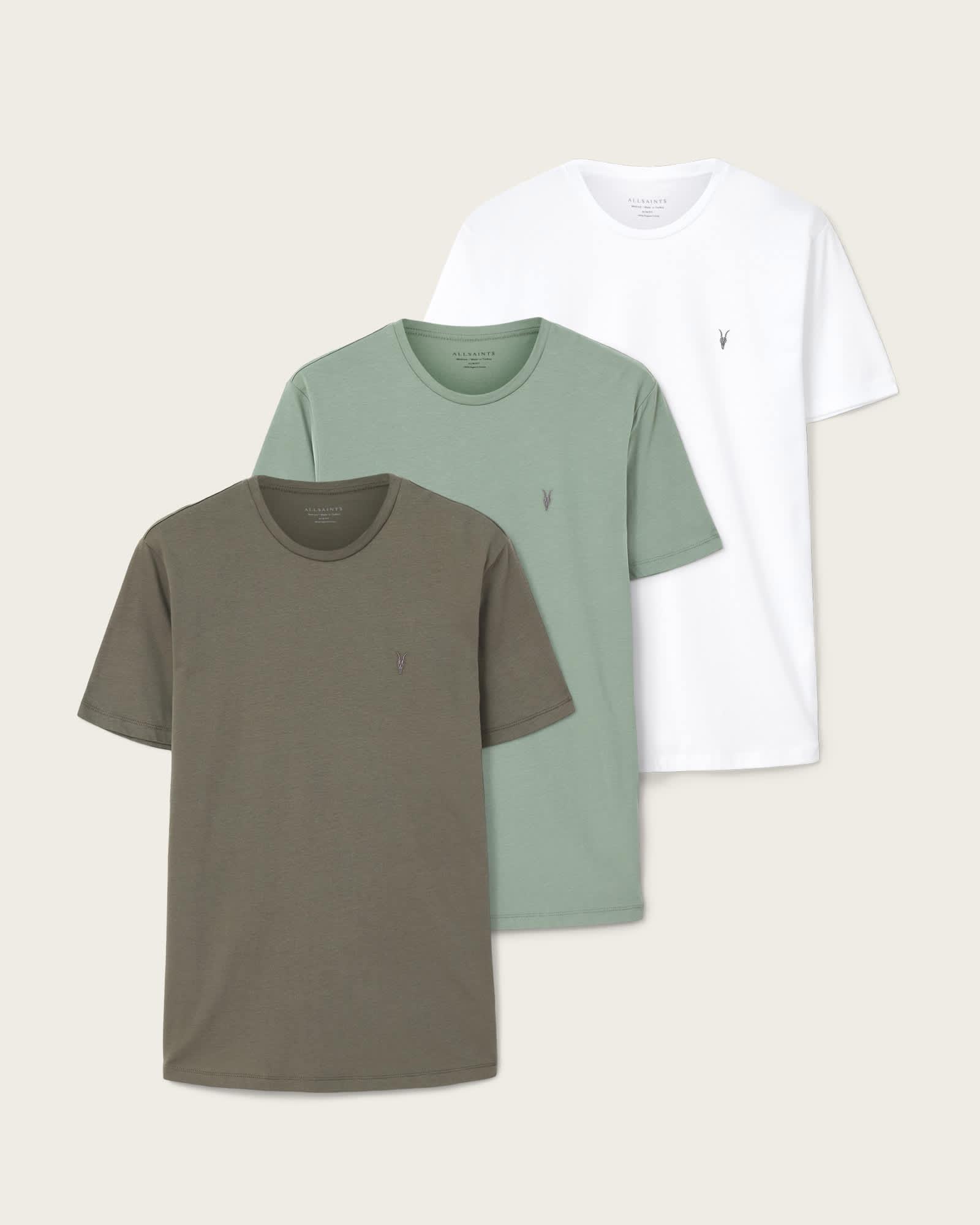 Brace Brushed Cotton T-Shirts 3 Pack WHITE/GREEN/GREEN | ALLSAINTS US Product Image