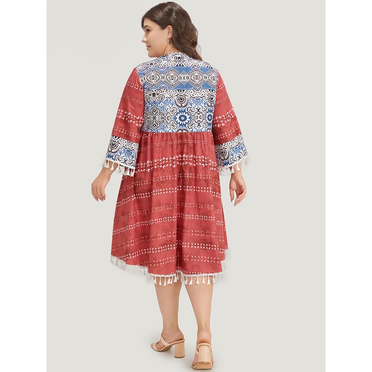 Plus Size Bandana Print Contrast Tassels Trim Ties Notched Dress Red Women Vacation Tassels Notched collar Elbow-length sleeve Curvy Midi Dress BloomChic 18-20/2X Product Image