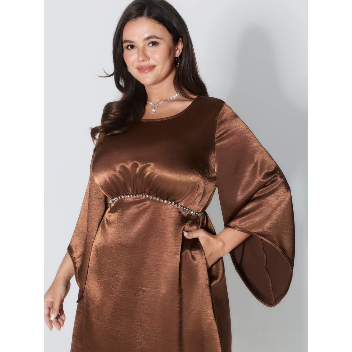 Plus Size Flared Sleeve Metal Detail Waistline Mini Dress Yellowishbrown Women Party&Cocktail Round Neck Extra Long Sleeve Curvy BloomChic 28/5X Product Image