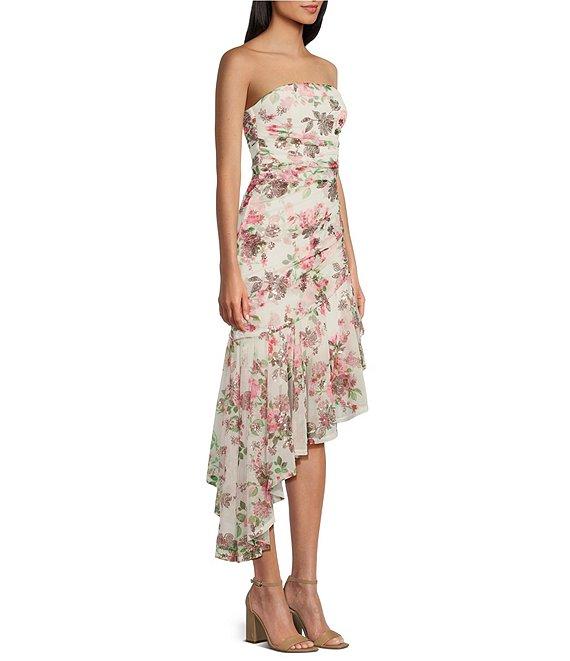 Honey and Rosie Floral Sequin Strapless Sleeveless Wide Ruffle Shirred Dress Product Image