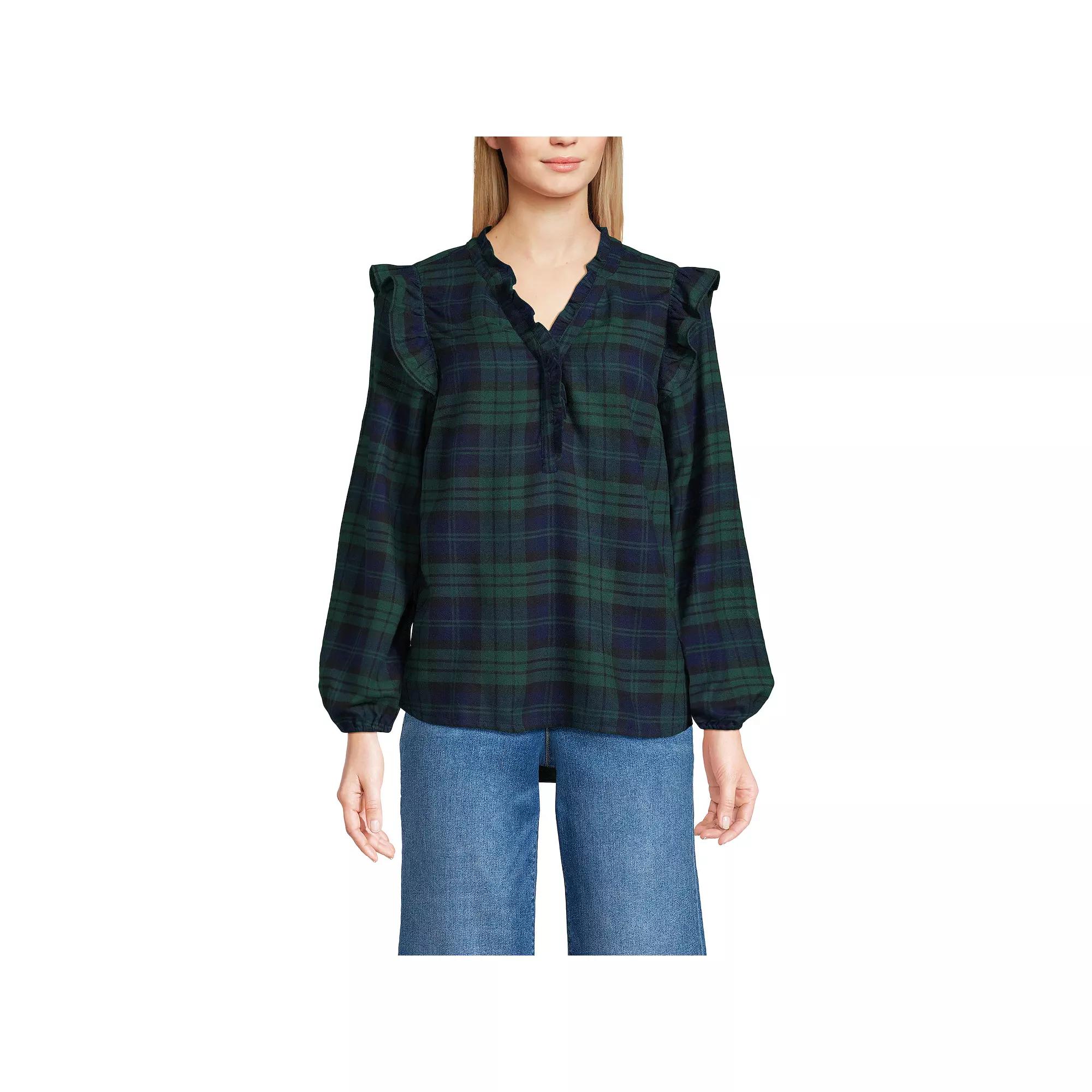 Women's Lands' End Ruffle Front Flannel Popover Blouse,  Product Image