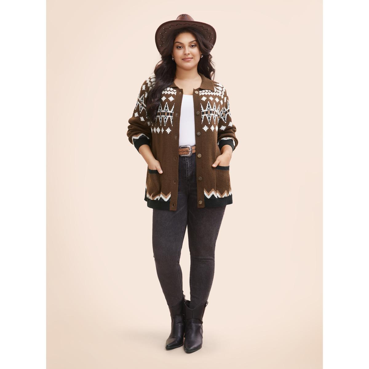Plus Size Fair Isle Collared Button Down Cardigan DarkBrown Women Casual Loose Long Sleeve Everyday Cardigans BloomChic 18-20/2X Product Image