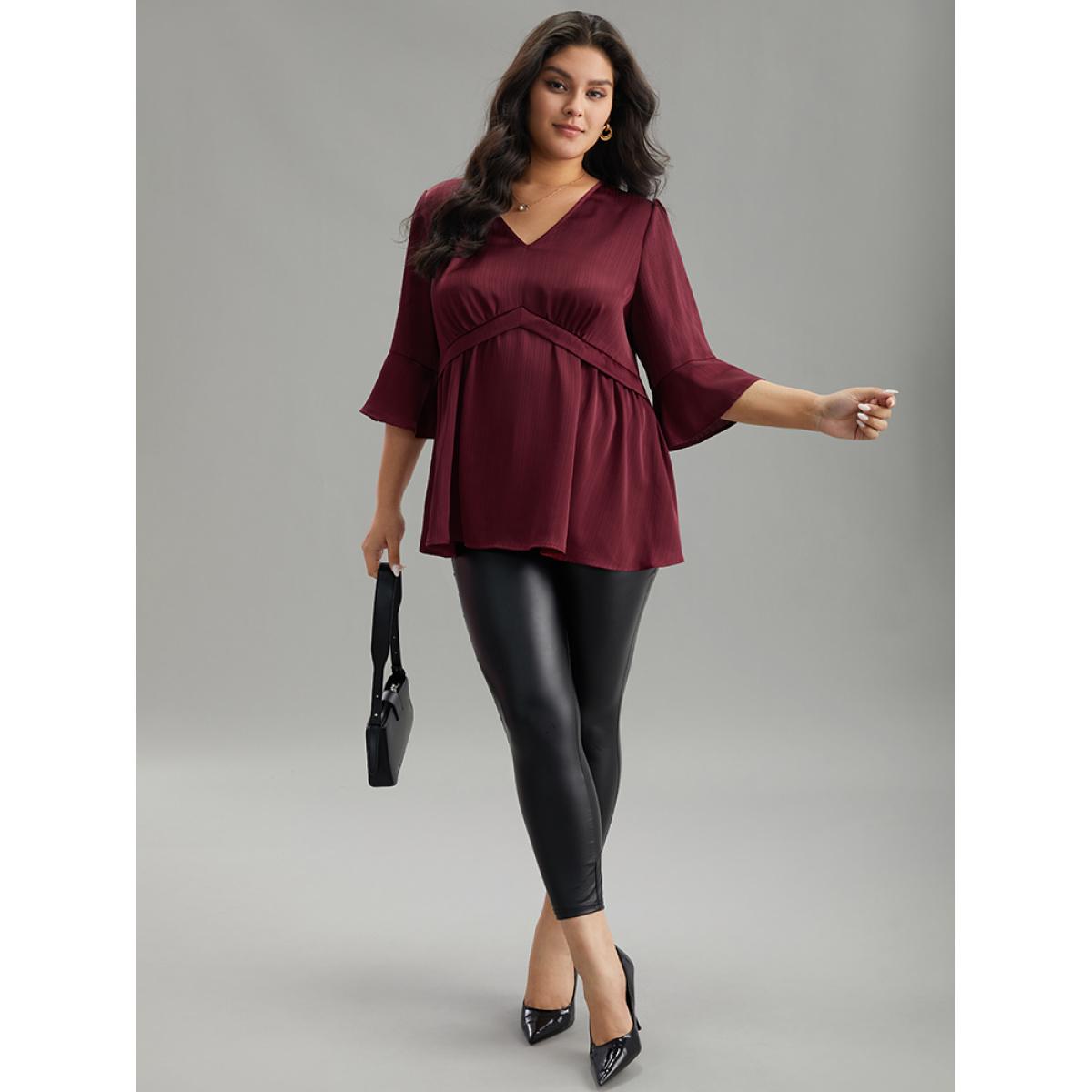 Plus Size Scarlet Anti-Wrinkle V Neck Gathered Ruffle Sleeve Blouse Women Office Elbow-length sleeve V-neck Office Blouses BloomChic 18-20/2X Product Image