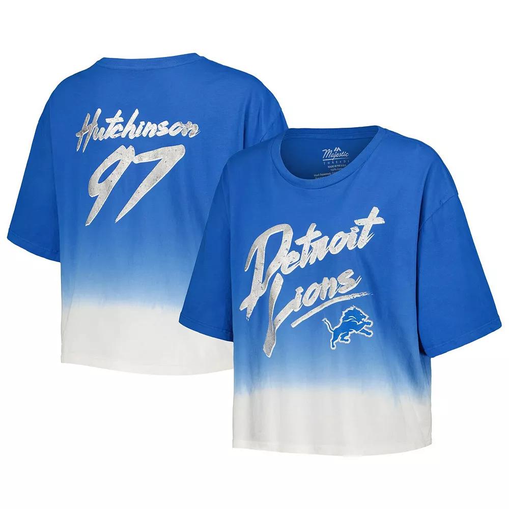 Women's Majestic Threads Aidan Hutchinson Blue/White Detroit Lions Dip-Dye Player Name & Number Crop Top, Size: 2XL Product Image