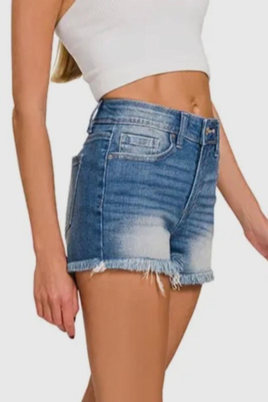 Mid Rise Frayed Denim Shorts Product Image