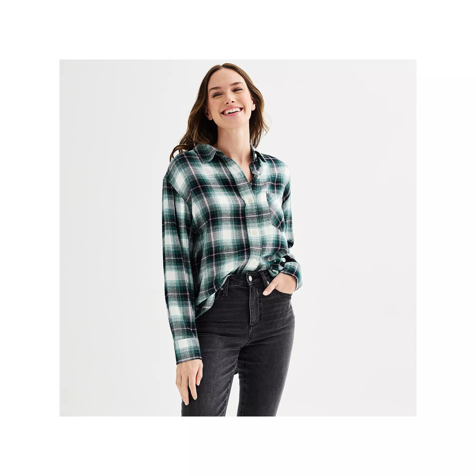 Petite Sonoma Goods For Life® Oversized Boyfriend Flannel, Women's, Size: Large Petite, Moss Green Plaid Product Image