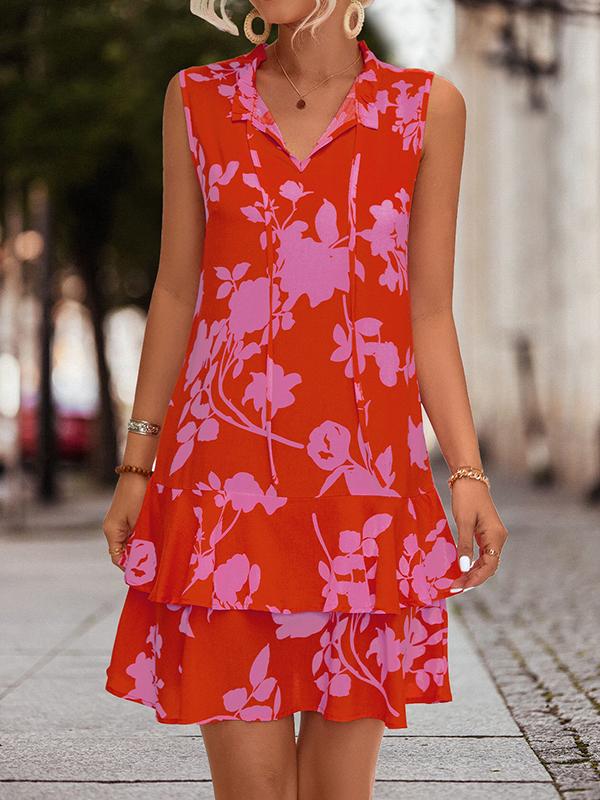 A-Line High Waisted Falbala Printed Split-Joint Tied Tiered V-Neck Mini Dresses Product Image