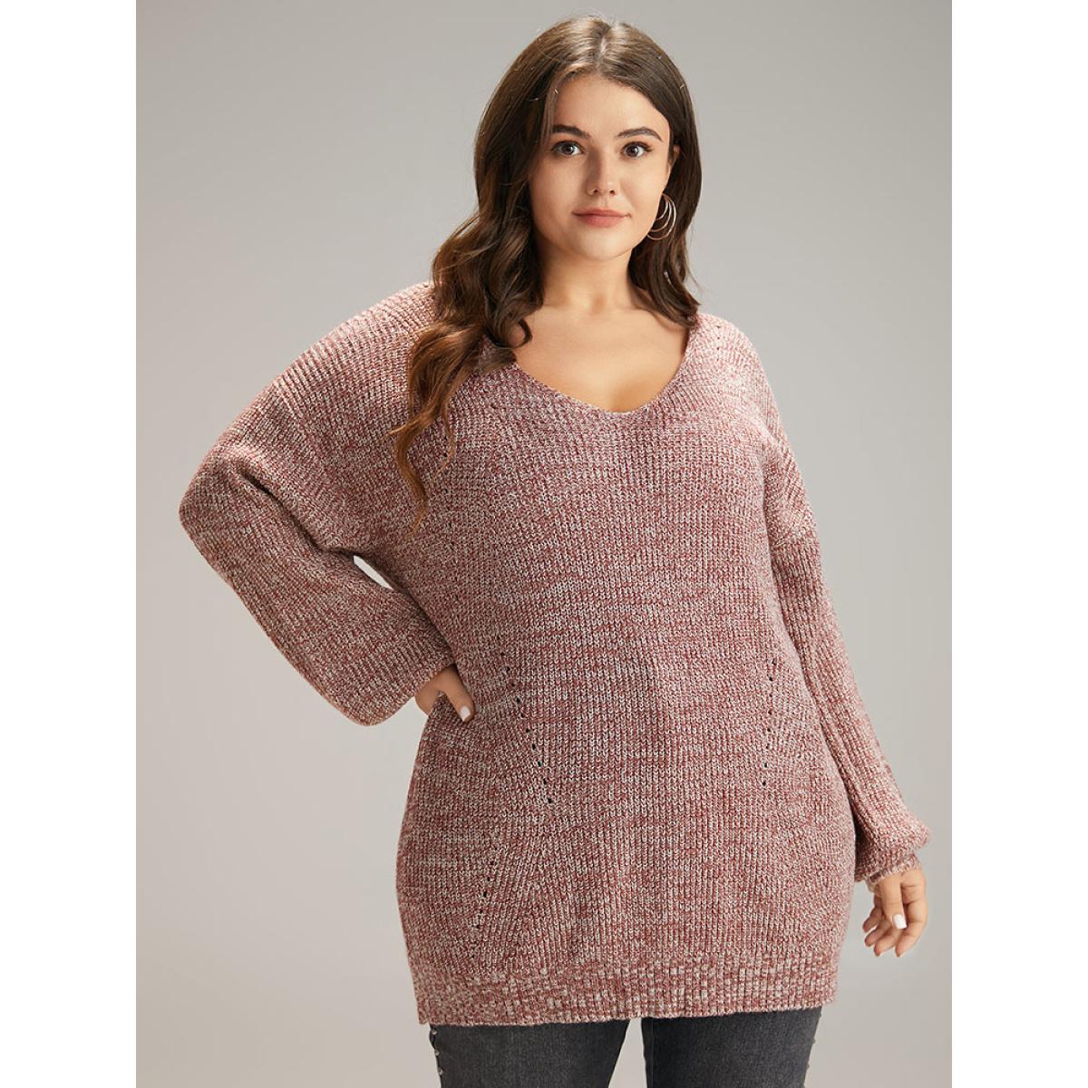 Plus Size Elastic Hem Lantern Sleeve V Neck Pullover Rust Women Casual Loose Long Sleeve V-neck Dailywear Pullovers BloomChic 28/5X Product Image